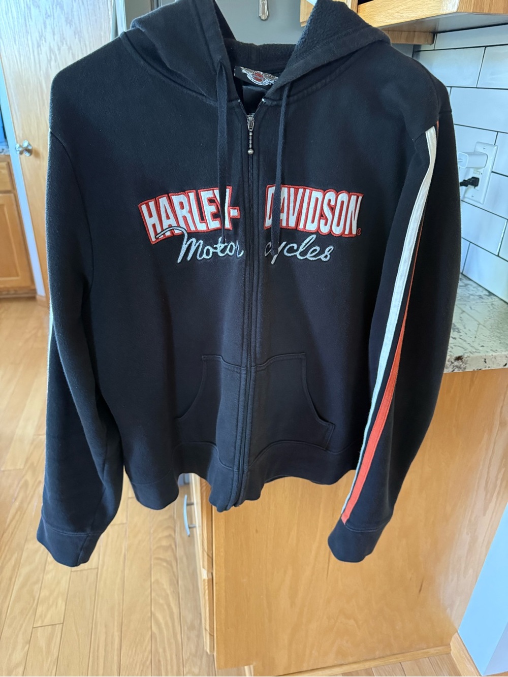 Harley-Davidson Black Zip Hoodie with Orange & White Logo and Sleeve Stripes